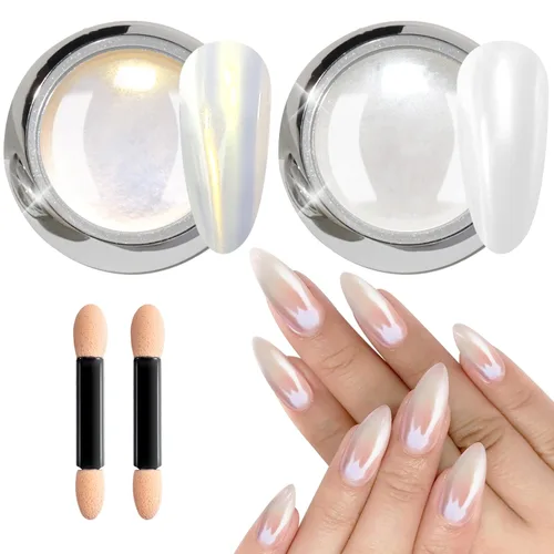 Polvo de uñas cromado perla BISHENGYF: 【Efecto súper espejo】Polvo de uñas cromado perla blanca, transparente como el hielo, aurora cromada para arte