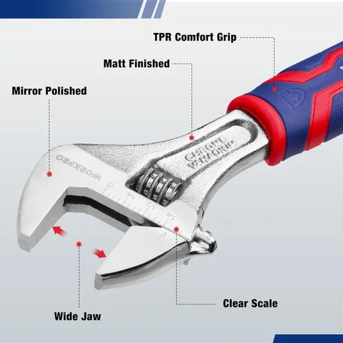 Miniatura 3 de WORKPRO Llave ajustable de 6 pulgadas, llave de apertura de mandíbula ancha con agarre antideslizante de goma, escalas métricas/SAE, acero Cr-V