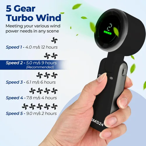 Miniatura 3 de Ventilador turbo de mano recargable, refrigeración de 5 velocidades, batería de larga duración de hasta 12 horas, mini ventilador 3 en 1 con Negro