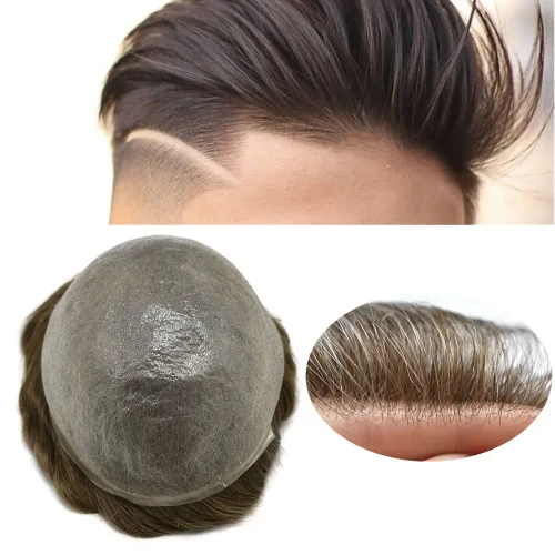 Miniatura 15 de Toupee para hombres, piel ultra fina, 0.002 in, base de poli completa, bucle en V, suave, sistema de reemplazo de cabello humano, pelucas para #1