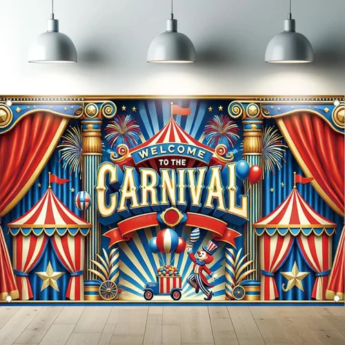 Miniatura 7 de Cartel con temática de carnaval de 71 x 43 pulgadas, tienda de campaña de circo, globos de payaso, decoración de fiesta para niños, feria
