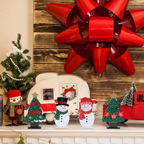 Miniatura 5 de DECSPAS Decoraciones navideñas para interiores, 4 piezas de árboles de Navidad de madera y muñecos de nieve para decoración de mesa de centro