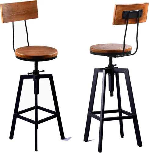 Miniatura 9 de Taburetes de bar industriales, silla de comedor de cocina, taburete de metal de madera, silla giratoria de altura ajustable, negro, juego de 2