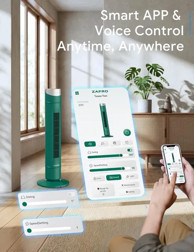 Miniatura 36 de ZAFRO Ventilador de torre inteligente para dormitorio, ventilador de torre oscilante de 120°, 28 pies/s de alta velocidad, 12 velocidades, 4 modos