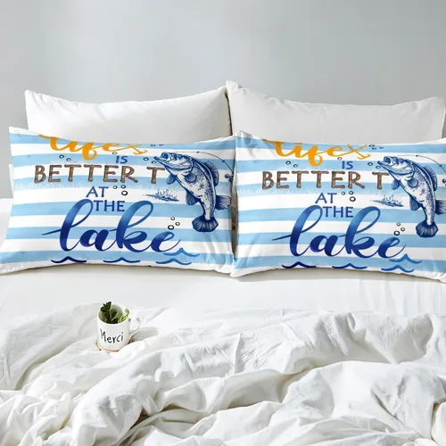 Miniatura 4 de Erosebridal Juego de ropa de cama individual con diseño de peces de lubina, la vida es mejor en el lago, funda de edredón para niños y niñas, funda