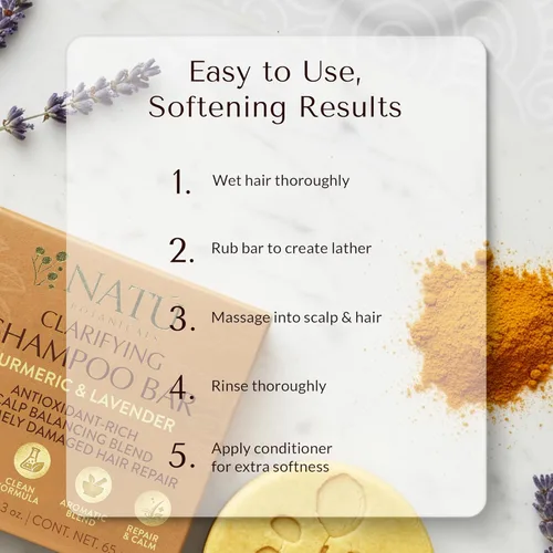 Miniatura 5 de NATÚ BOTANICALS Barra de champú clarificante, barra de champú sólida fortalecedora con cúrcuma, lavanda y manteca de cacao para fortalecer y reparar