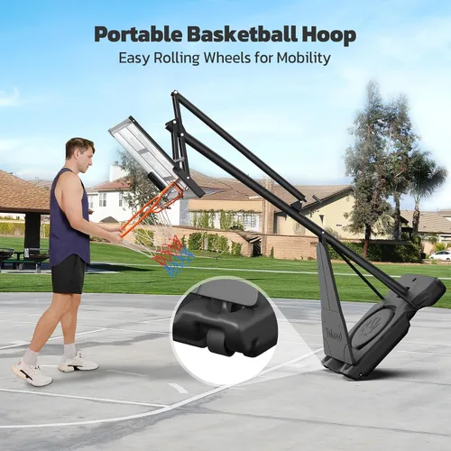 Miniatura 6 de Yohood - Canasta de baloncesto portátil para exteriores con tablero de 44/48 pulgadas, sistema de meta ajustable rápidamente a 10 pies con ruedas
