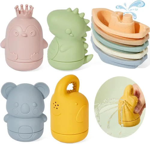 Juguetes de baño para bebés, 9 unidades, juguetes de baño sin moho para bebés de 6 a 12 meses, juguetes de baño de silicona fácil de limpiar, para