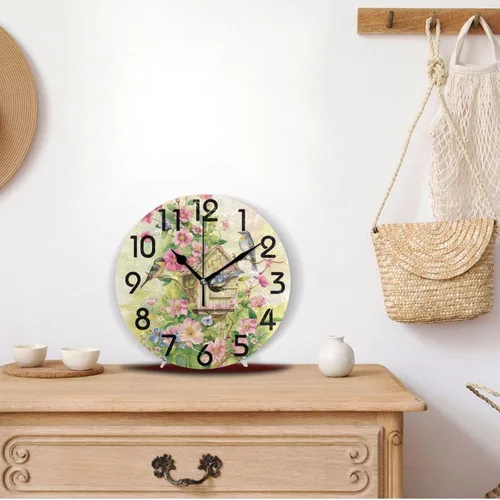 Miniatura 4 de Pretty Sping Flowers Birdhouse Family Birds Reloj de pared redondo, 10 pulgadas, analógico, silencioso, sin tictac, para el hogar, cocina, sala