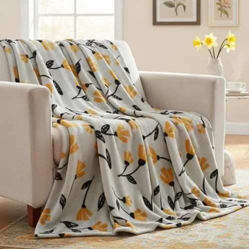Miniatura 7 de DaDa Bedding - Manta de forro polar floral, franela suave de visón sintético con tulipanes amarillos y naranjas sobre gris, acogedora y elegante
