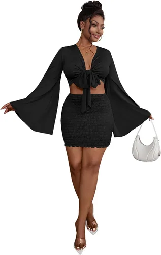 Miniatura 5 de LYANER Conjunto de 2 piezas para mujer, con nudo frontal, acampanada, manga larga y minifalda