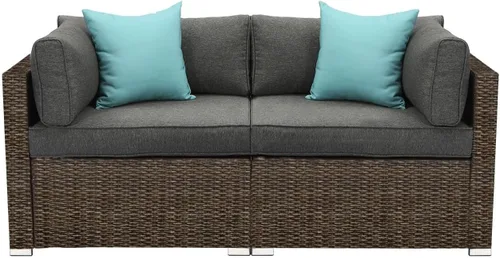 Miniatura 10 de COSIEST Juego de 2 sillas complementarias sin brazos para muebles de exterior para expandir sofá seccional de mimbre marrón chocolate con cojines