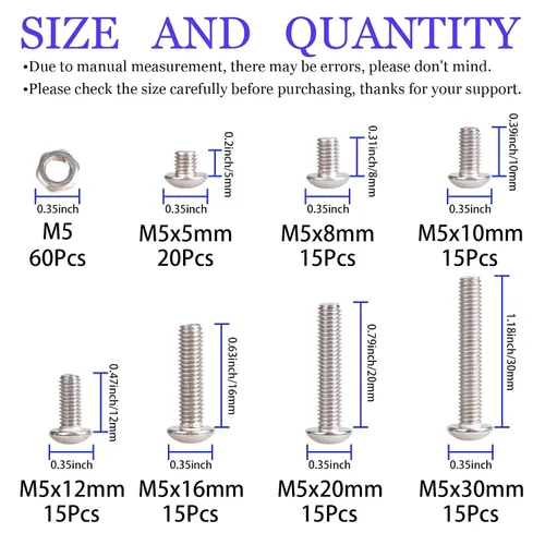 Miniatura 2 de Kit de tornillos y tuercas de cabeza de botón M5 M5 x 0.197 in 0.315 in 0.394 in 0.472 in 0.630 in 0.787 in 0.984 in 1.181 in acero inoxidable 304