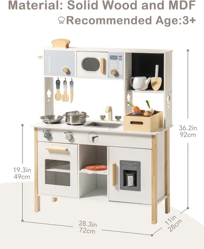 Miniatura 6 de ROBUD Cocina de juguete para niños – Cocina de juguete de madera con caja de plantación, juego de cocina Montessori con máquina de hielo y horno