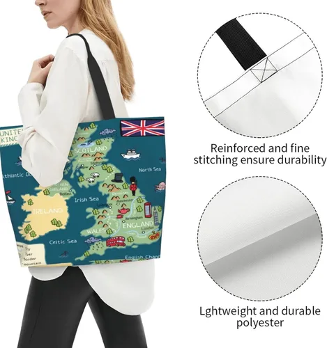 Miniatura 5 de Divertido bolso de mano de dibujos animados del Reino Unido con mapa, grande, casual, para mujer, bolsas de hombro reutilizables para el trabajo