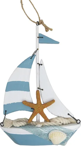 Needzo Adorno grande para árbol de Navidad costero de velero, decoración colgante en forma de barco con estrellas de mar, conchas y cuerda (azul)