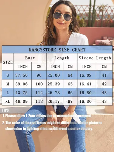 Miniatura 6 de Kancystore - Blusa de gasa con botones, para mujer, con cuello en V, lazo frontal, manga de 34 y estilo informal