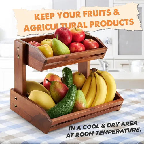 Miniatura 4 de HOLANA Cesta de frutas de 2 niveles de acacia para organizador de encimera de cocina – Tazón de frutas de madera y cesta de madera