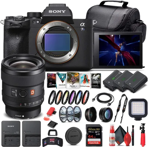 Sony Cámara digital sin espejo Alpha a7S III (solo cuerpo) (ILCE7SM3/B) + lente Sony FE de 0.945 in + tarjeta de memoria de 64 GB + 2 baterías