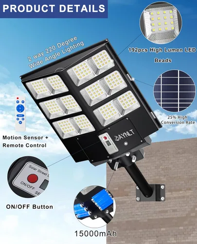 Miniatura 5 de JAYNLT Y-2000W Luz solar de calle, 200000LM 6500K luces de inundación solar al aire libre del atardecer al amanecer, 6500K IP67 impermeable luz