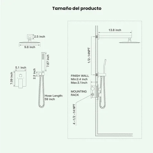Miniatura 7 de gotonovo Sistema de ducha de lluvia para baño, juego de cabezal y mango de ducha de lluvia montado en la pared, conjunto completo combinado de latón