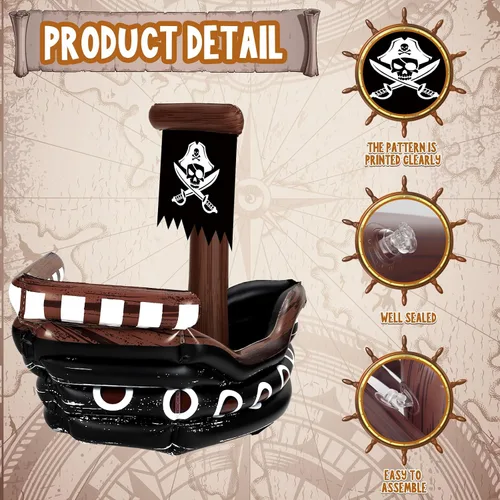 Miniatura 4 de Zhanmai Enfriador inflable de bebida de barco pirata, contenedor de comida inflable para verano, carnaval, Mardi Gras, fiesta de cumpleaños pirata