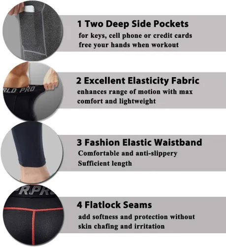 Miniatura 5 de SILKWORLD Paquete de 1 a 3 pantalones de compresión para hombre, con bolsillos, leggings de gimnasio y secado fresco