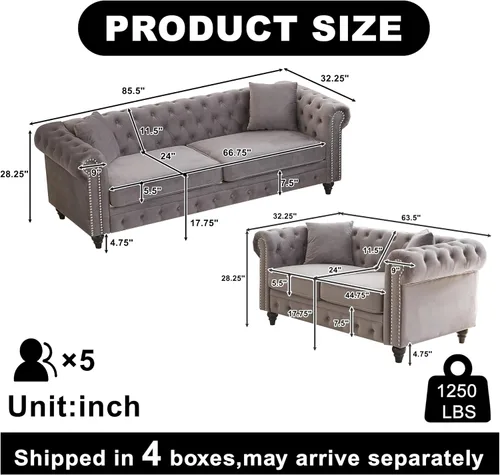 Miniatura 2 de Juego de 2 sofás Chesterfield de terciopelo de 85.5 pulgadas, 3 plazas + 63.5 pulgadas, sofá moderno con brazos enrollados y 2 cojines para sala
