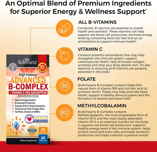 Miniatura 4 de Complejo de vitamina B con vitamina C para una máxima absorción – Metilcobalamina b12 y folato ácido fólico suplemento – Vitaminas B1 B2 B3 B5 B6 B7