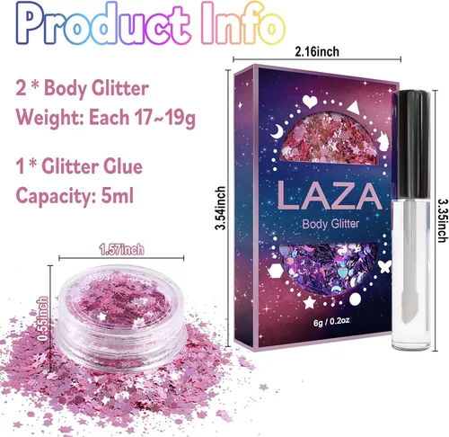 Miniatura 3 de Laza Purpurina corporal, 2 tarros de lentejuelas gruesas holográficas con pegamento de purpurina, perfecto para mujeres, sombra de ojos, maquillaje