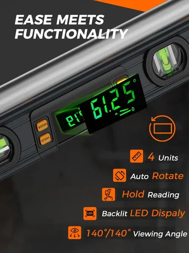 Miniatura 3 de Mecurate Nivel Digital de 10 Pulgadas, Herramienta de Nivel de Torpedo Profesional de Precisión Inteligente, Pantalla LCD Brillante, Alertas