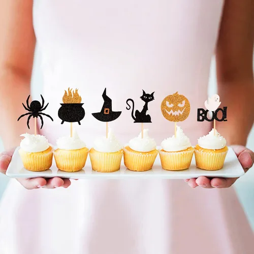 Miniatura 7 de Ercadio Paquete de 36 adornos para cupcakes de Halloween, sombrero de bruja, araña, calabaza, fantasma, gato, cupcakes, baby shower, cumpleaños