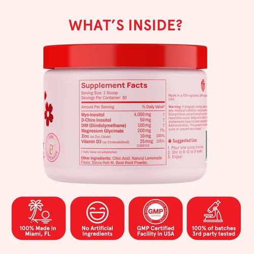Miniatura 6 de Peach Perfect Inositol Polvo Multivitamínico, Sabor Limonada Rosa – 4g de Myo e Inositol D-Chiro, DIM, Zinc, Magnesio Glicinato, Vitamina D3 – Apoya