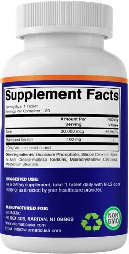 Miniatura 8 de Vitamatic Biotina de alta potencia de 20000 mcg (20 mg) con queratina 100 mg – 120 tabletas – Suplementos de biotina para un cabello, piel y uñas