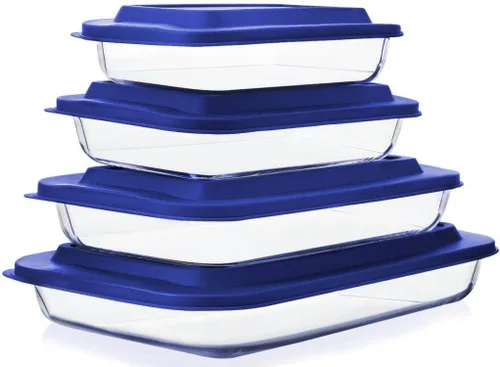 Juego de 8 platos para hornear de vidrio profundo con tapas de plástico, juego de utensilios rectangulares de vidrio con tapas, moldes para hornear