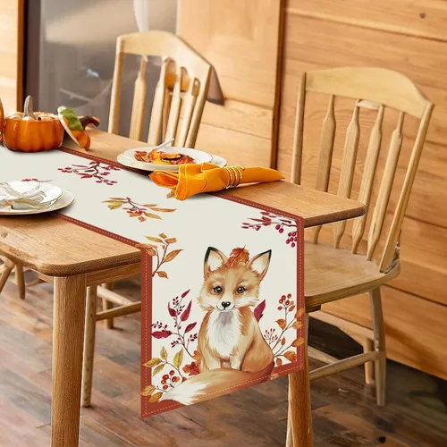 Miniatura 3 de Bonhause Camino de mesa de zorro de otoño de 13 x 90 pulgadas, diseño de ciervo, hojas de arce, bayas, Acción de Gracias, cocina, comedor