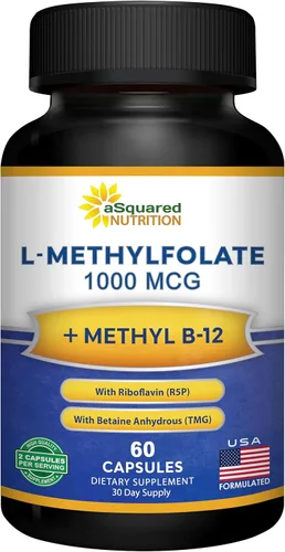 aSquared Nutrition L Metilfolato Plus Metil B12 - Suplemento de folato metilado para mujeres y hombres - 5-MTHF (vitamina B9 activa) 1000 mcg y B-12