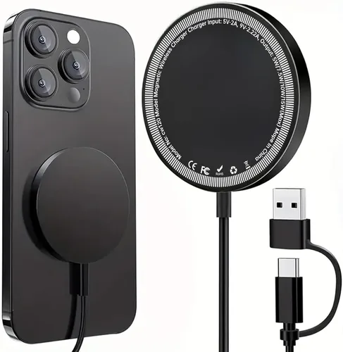 Cargador inalámbrico magnético, almohadilla de carga rápida de 15 W, cargador portátil ultra delgado con cable USB-C y USB-A, fuerte alineación