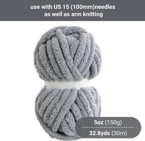 Miniatura 2 de HOMBYS Hilo de Chenilla Gris Grueso para Tejer a Mano, Hilo Jumbo Suave y Esponjoso para Crochet, Hilo Súper Voluminoso Grande para Manta Gruesa