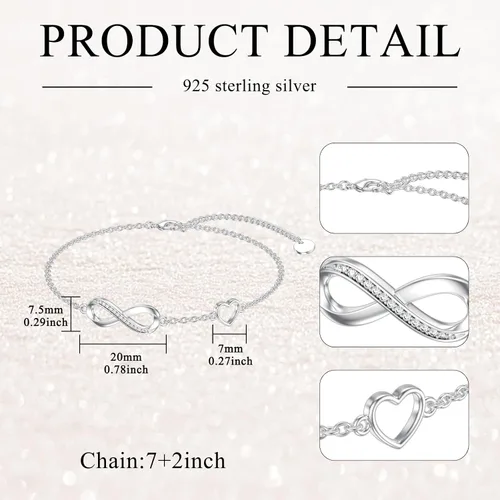 Miniatura 5 de Pulsera de corazón infinito de diamantes para mujer, plata de ley 925, pulsera de eslabones infinitos para el día de la madre, Navidad, regalos