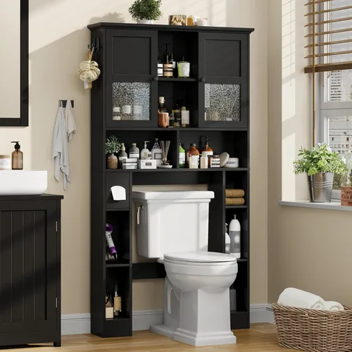 Miniatura 12 de Vabches Armario de almacenamiento sobre el inodoro con puertas dobles, soporte para papel higiénico y estante ajustable, ahorro de espacio Gris