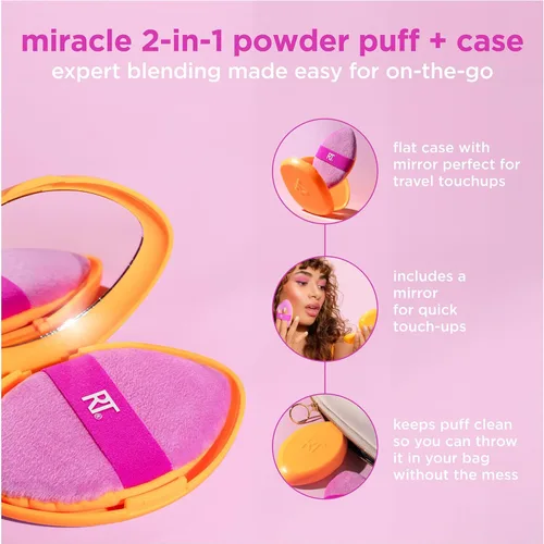 Miniatura 4 de Real Techniques Miracle 2 en 1 borla de polvo + estuche de viaje, borla de mezcla de maquillaje de doble cara, banda elástica, esponja de maquillaje