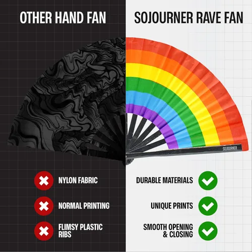 Miniatura 96 de SoJourner Bags Rave Fan – Ventilador plegable grande – Ventilador de mano Clack para raves, Halloween, Burlesque, trajes de arcoíris para mujeres