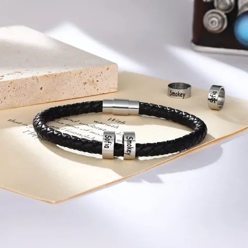 Miniatura 3 de Pulsera personalizada con nombres trenzados negros para hombre, hecha a medida con abalorios, joyería inspiradora familiar, regalo para papá, Cuero