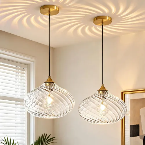 Miniatura 9 de Glass Pendant Lights Kitchen Island, 11'' Brass Gold Pendant Lighting Fixtures, Modern Hanging Ceiling Light with Striped Clear Glass Shade for