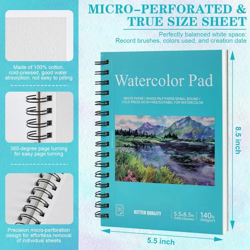 Miniatura 2 de Paquete de 3 blocs de papel de acuarela de 90 hojas de 5.5 x 8.5 pulgadas, 140 libras/300 GSM, de algodón de prensa en frío, cuaderno de bocetos
