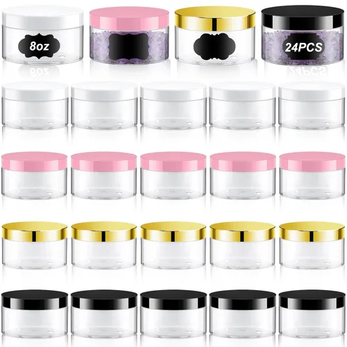 Miniatura 27 de Dandat 24 piezas 8 oz tarro de plástico con tapa y etiqueta recargable, contenedor redondo transparente vacío con muestras cosméticas PET blancas