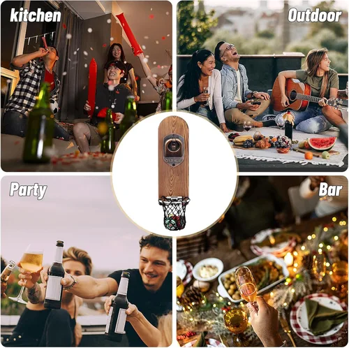 Miniatura 6 de Abrebotellas magnético único con atrapador de red, abridor de botellas de cerveza de madera montado en la pared, sacacorchos sin rastro, accesorios