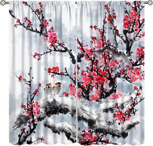 Miniatura 11 de Cortina asiática, flor de cerezo japonés, montañas brumosas de ciruelo rojo asiático, pintura de tinta tradicional, paisaje chino oriental
