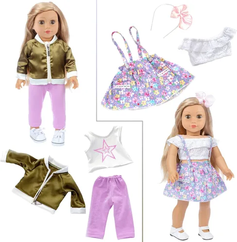 Miniatura 5 de Ecore Fun 4 juegos de ropa y zapatos de muñeca de 18 pulgadas y bolsa linda para niños, ropa casual para muñecas de 18 pulgadas con banda